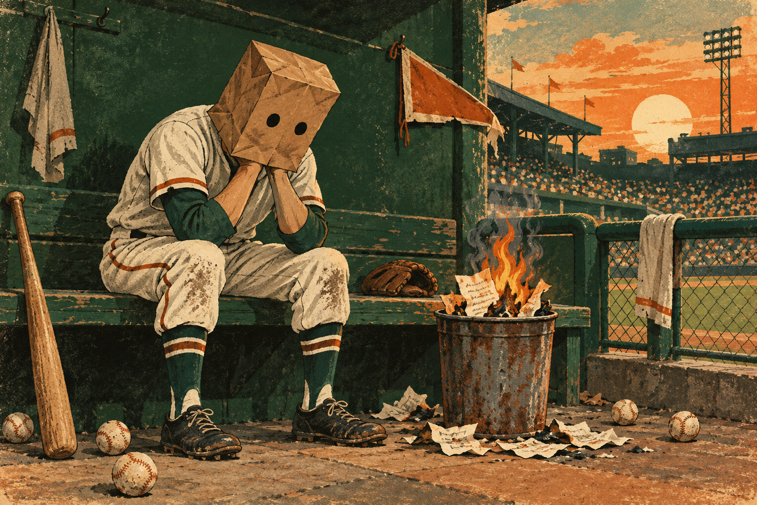 A hapless baseball manager wears a paper bag over his head in a dugout beside a smoldering bin of draft notes.